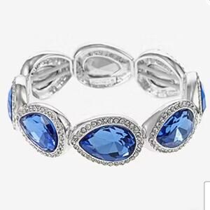 Monet Silver Tone Stretch Bracelet Blue Clear Rhinestones Bling